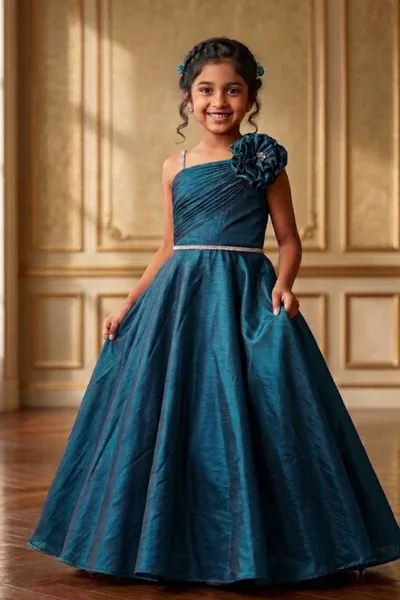 Girls Teal Blue One-Shoulder Party Gown with Floral Applique